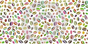 Coffee beans seamless pattern. Hand drawn colorful seeds of coffee randomly placed on transparent background.