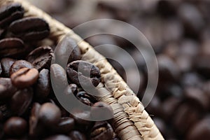 Coffee beans served in a hand-woven colander