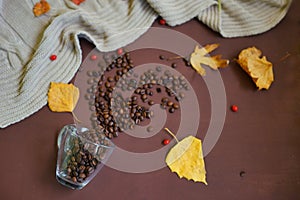 Coffee beans in shape of heart. Autumn leaves. Aroma. Brown colour. Warm associations.