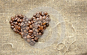 Coffee beans in the shape of a heart on the burlap