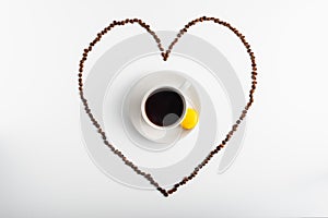 Coffee beans shaped heart and fresh coffee