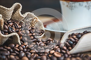 Coffee Beans Spilled out of Burlap Sack