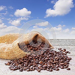 Coffee Beans Spilling from Sack and Blue Sky