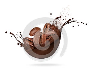 Coffee beans in splashes of chocolate isolated on a white background