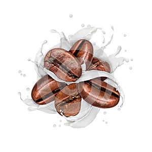 Coffee beans with splashes of milk isolated on white background.