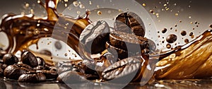Coffee beans and splashes of coffee in motion.