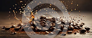 Coffee beans and splashes of coffee in motion.