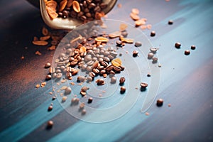 coffee beans sprinkle on copper surface