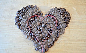 Coffee beans and tea in the form of hearts
