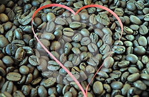 Coffee beans and tea - red paper heart