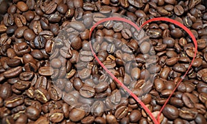 Coffee beans and tea - red paper heart