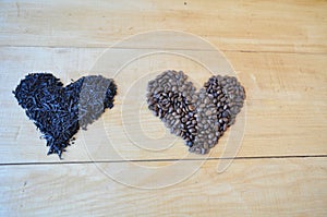 Coffee beans and tea - red paper heart