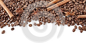 Coffee beans at the top with anise and cinnamon on white