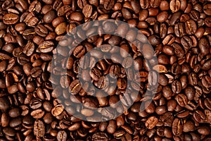 Coffee beans, top view background