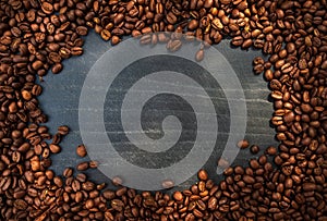 Coffee beans, top view, free space for text