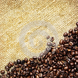 Coffee beans on traditional sack textile