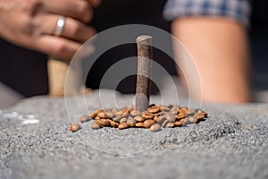 Coffee beans in a traditional stone mill