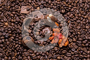 Coffee beans wallpaper with chocolate and viburnum berrie. Image