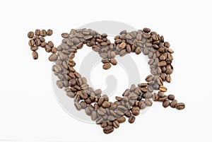 Coffee beans on a white background in the form of a heart with arrow isolated