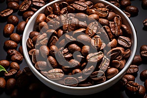 coffee beans in a white bowl on a black surface