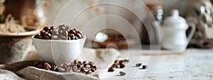 Coffee Beans and White Ceramic Mug on Rustic Table