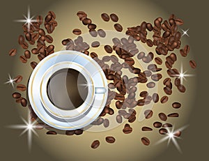 Coffee Beans and White Cofee Cup Isolated in Brown Background