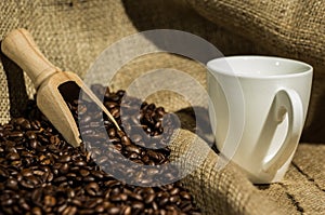Coffee beans with white cup and wood spoon .