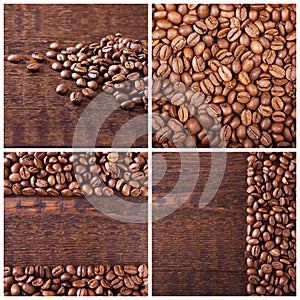 Coffee beans on wood background. Coffee Collage