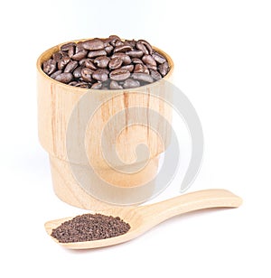 Coffee Beans,Wood glass,Wooden spoon on white background.