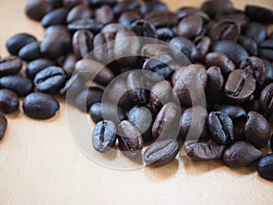 coffee beans on wood table background