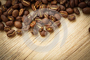 Coffee beans on a wooden desk