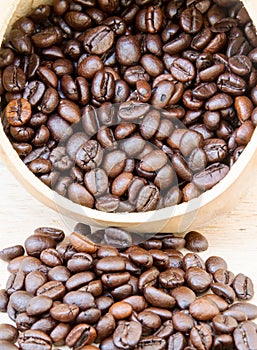 Coffee beans on wooden floor