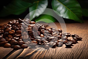 Coffee beans on a wooden table with green leaves background, commercial advertising shoot, closeup.