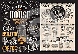 Coffee and beverage restaurant menu. Drink flyer for bar and cafe. Design template with vintage hand-drawn food illustrations. photo