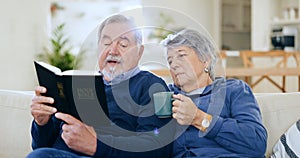 Coffee, bible and a senior couple in their home to read a book together during retirement for religion. Faith, belief or