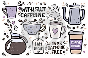 Coffee big set vector handdrawn illustration with handlettering. Decaffeinated coffee vector illustration photo