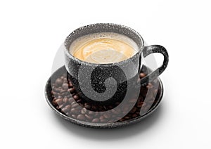 Coffee in black porcelain cup and fresh raw beans on saucer on white background