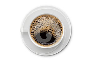 Coffee black in white ceramic cup, top view  isolated on white background