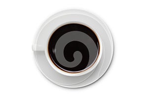 Coffee black in white ceramic cup, top view  isolated on white background