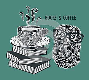 Coffee and books with cute clever owl in photo