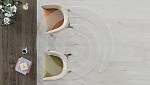 Coffee Books and Plants on Wooden Table by the Bicolored Chairs