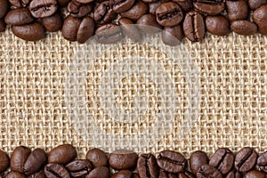 Coffee Border. Beans over burlap background