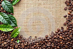 Coffee Border Design Coffee Beans and Leaf Over Burlap Background