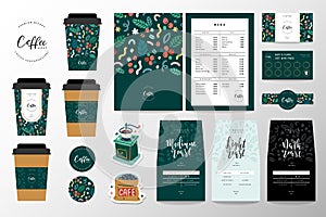 Coffee branding identity set for coffee shop or cafe. Collection of lettering logo, menu template, paper cup design and