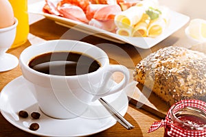 Coffee with bread and meat photo
