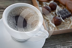 Coffee break, breakfast. Cup of coffee with biscuit cookies