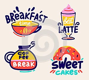 Coffee Break and Breakfast Time Labels Set Isolated on White Background. Cute Doodle Style Icons, Drawing Stickers