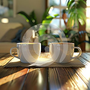 Coffee break camaraderie, mug clink, eyelevel, relaxed ambiance , 3D render photo