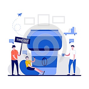 Coffee break concept with tiny character. People holding warning sign with time out text flat vector illustration. Employees