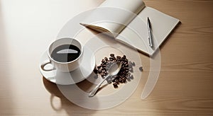 Coffee Break Cup Beans Spoon Notebook and Pen on Table